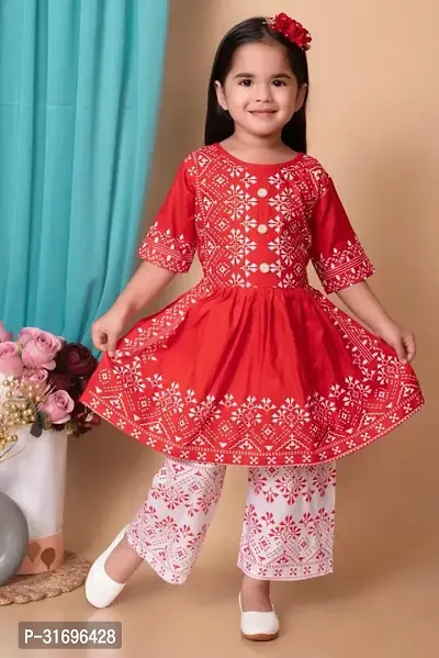 Stylish Red Rayon Printed Kurti With Bottom Set For Girls-thumb0