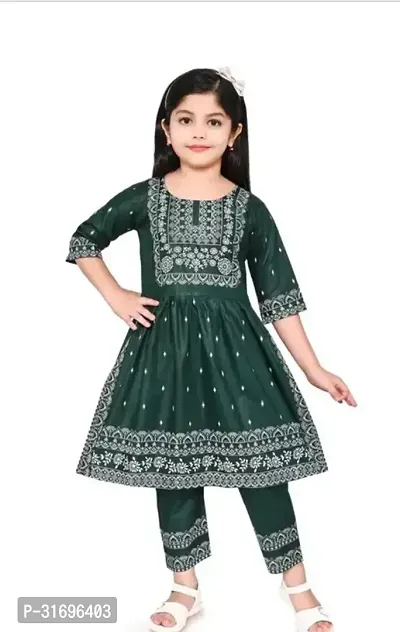 Stylish Green Rayon Printed Kurti  With Bottom Set For Girls