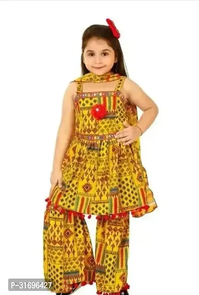 Stylish Yellow Cotton Blend Printed Kurti With Bottom Set For Girls