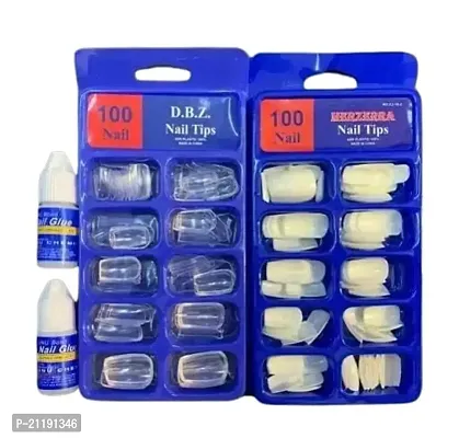 100 pcs Transparent Nails, 100 pcs White Nails and 2 pcs Nail Glue Combo Artificial Nails