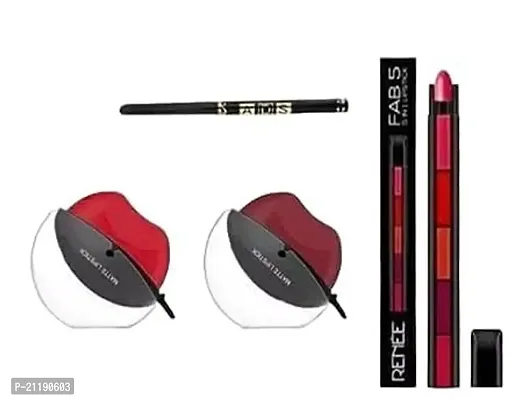 Combo of Lip shape Lipstick (Apple shape lipstick) Red colour and Maroon colour,5 in 1 matte finish 5 Shades lipstick, Black Kajal Pencil (Pack of 4)