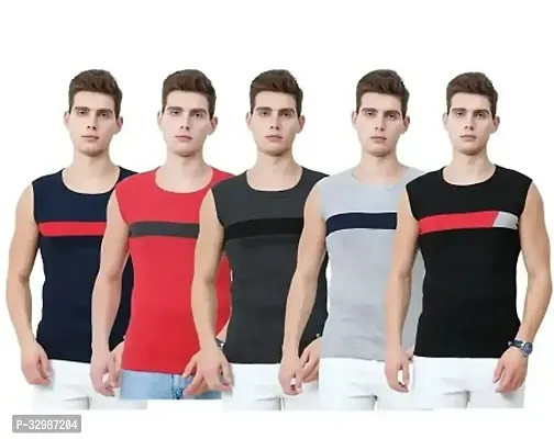 Men's Premium Sleeveless Modern Cotton Gym Vest Round Neck Slim Fit 1014 (Pack of 5)-thumb0