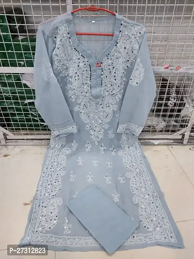 Beautiful Grey Chikankari Kurta, Bottom and Dupatta Set For Women