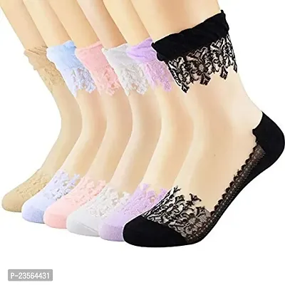 PURSUE FASHION Ultra Thin Transparent Net Crystal Elastic Ankle Socks with Little Flowers Print Socks, Ankle Socks for Women, Net Socks for Women Stylish, Girls Socks (Pack of 6) (Assorted Colours)-thumb0