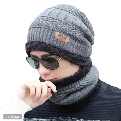 PURSUE FASHION Ultra Soft Unisex Woolen Beanie Cap Plus Muffler Scarf Set for Men Women Girl Boy, Neck Warmer for Men, Beanie Cap for Men and Women, Warm, Snow Proof (Light Grey)