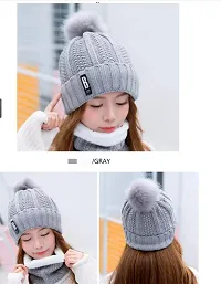 PURSUE FASHION Women Winter Soft Warm Snow Proof Pom Cap for Women Woolen Beanie Cap or Women's, Beanie Cap, Winter Caps for Girls Woolen Cap, Women's Running Headwear (Grey with Scarf)-thumb1