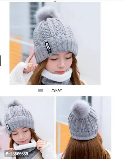 PURSUE FASHION Women Winter Soft Warm Snow Proof Pom Cap for Women Woolen Beanie Cap or Women's, Beanie Cap, Winter Caps for Girls Woolen Cap, Women's Running Headwear (Grey with Scarf)-thumb2