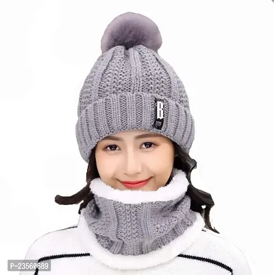 PURSUE FASHION Women Winter Soft Warm Snow Proof Pom Cap for Women Woolen Beanie Cap or Women's, Beanie Cap, Winter Caps for Girls Woolen Cap, Women's Running Headwear (Grey with Scarf)