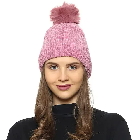 PURSUE FASHION Women Winter Soft Warm Snow Proof Pom Cap for Women Woolen Beanie Cap or Women's, Beanie Cap, Winter Caps for Girls Woolen Cap, Women's Running Headwear (Pink)