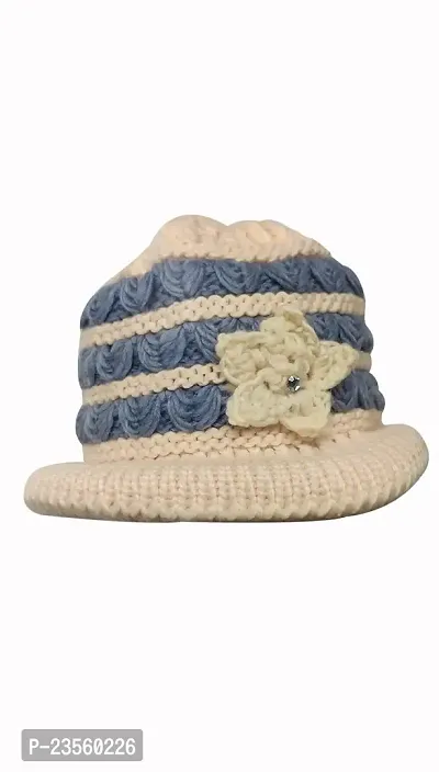 PURSUE FASHION Woolen Winter Warm Beanie Skull Hat with Flower (Inside Fur) for Women and Girl (Beige and Blue)