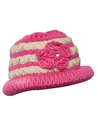 PURSUE FASHION Woolen Winter Warm Beanie Skull Hat with Flower (Inside Fur) for Women and Girl (Pink and Beige)-thumb2