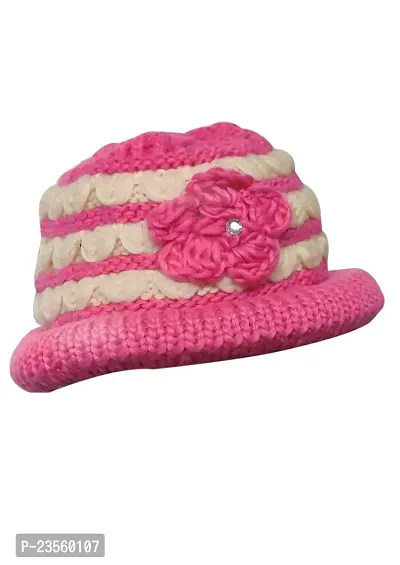 PURSUE FASHION Woolen Winter Warm Beanie Skull Hat with Flower (Inside Fur) for Women and Girl (Pink and Beige)-thumb3