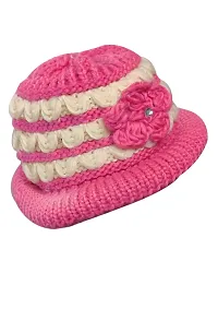 PURSUE FASHION Woolen Winter Warm Beanie Skull Hat with Flower (Inside Fur) for Women and Girl (Pink and Beige)-thumb1