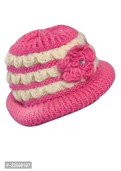 PURSUE FASHION Woolen Winter Warm Beanie Skull Hat with Flower (Inside Fur) for Women and Girl (Pink and Beige)-thumb2