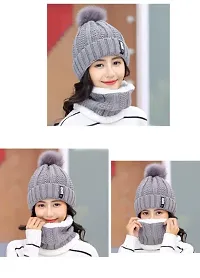 PURSUE FASHION Women Winter Soft Warm Snow Proof Pom Cap for Women Woolen Beanie Cap or Women's, Beanie Cap, Winter Caps for Girls Woolen Cap, Women's Running Headwear (Grey with Scarf)-thumb2