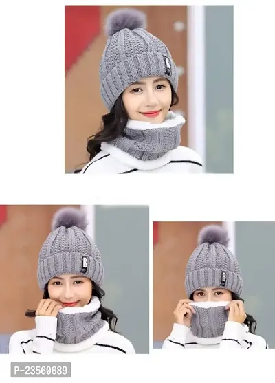 PURSUE FASHION Women Winter Soft Warm Snow Proof Pom Cap for Women Woolen Beanie Cap or Women's, Beanie Cap, Winter Caps for Girls Woolen Cap, Women's Running Headwear (Grey with Scarf)-thumb3