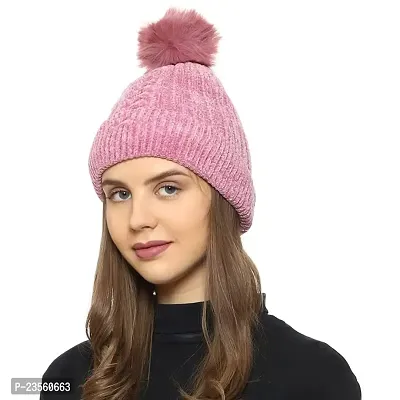 PURSUE FASHION Women Winter Soft Warm Snow Proof Pom Cap for Women Woolen Beanie Cap or Women's, Beanie Cap, Winter Caps for Girls Woolen Cap, Women's Running Headwear (Pink)-thumb4