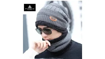 PURSUE FASHION Ultra Soft Unisex Woolen Beanie Cap Plus Muffler Scarf Set for Men Women Girl Boy, Neck Warmer for Men, Beanie Cap for Men and Women, Warm, Snow Proof (Light Grey)-thumb1