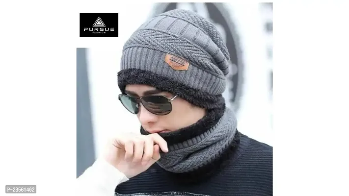 PURSUE FASHION Ultra Soft Unisex Woolen Beanie Cap Plus Muffler Scarf Set for Men Women Girl Boy, Neck Warmer for Men, Beanie Cap for Men and Women, Warm, Snow Proof (Light Grey)-thumb2