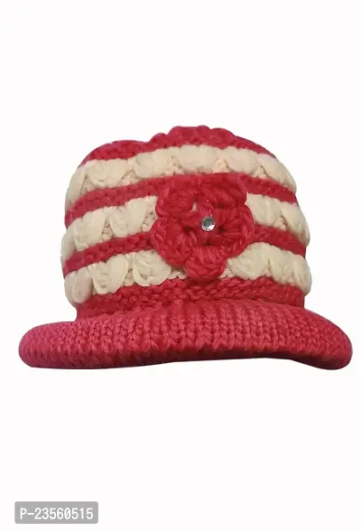 PURSUE FASHION Woolen Winter Warm Beanie Skull Hat with Flower (Inside Fur) for Women and Girl (RED and Beige)