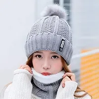 PURSUE FASHION Women Winter Soft Warm Snow Proof Pom Cap for Women Woolen Beanie Cap or Women's, Beanie Cap, Winter Caps for Girls Woolen Cap, Women's Running Headwear (Grey with Scarf)-thumb3