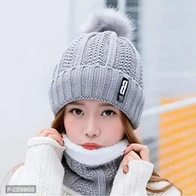 PURSUE FASHION Women Winter Soft Warm Snow Proof Pom Cap for Women Woolen Beanie Cap or Women's, Beanie Cap, Winter Caps for Girls Woolen Cap, Women's Running Headwear (Grey with Scarf)-thumb4