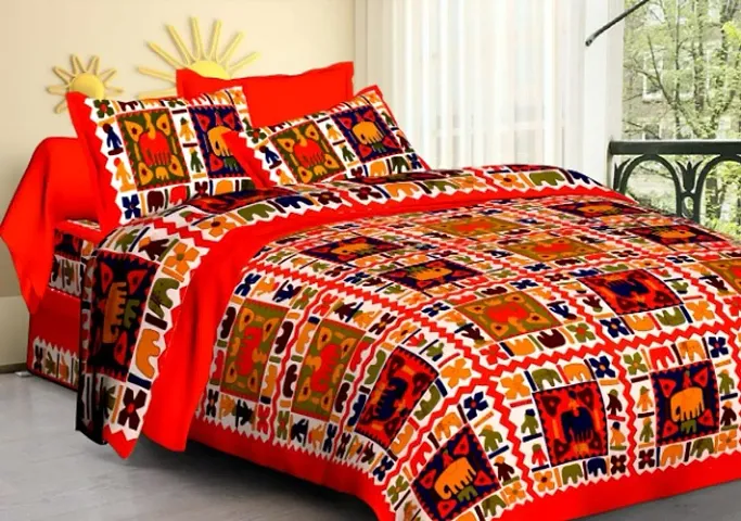 sanganeri Jaipuri Printed Cotton Double bedsheet with 2 Pillow Cover PS - Orange City