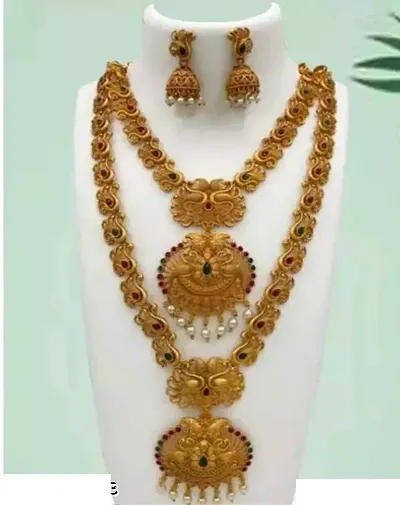 Traditional Wear Golden Brass Temple Jewellery Set