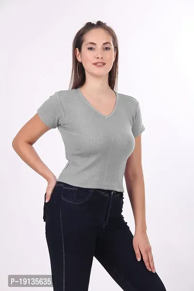 Patson Women V Neck Strachable Cotton Top (Medium, Grey)-thumb4