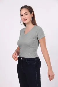 Patson Women V Neck Strachable Cotton Top (Medium, Grey)-thumb2