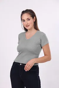 Patson Women V Neck Strachable Cotton Top (Medium, Grey)-thumb4