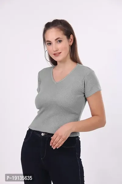 Patson Women V Neck Strachable Cotton Top (Medium, Grey)-thumb5