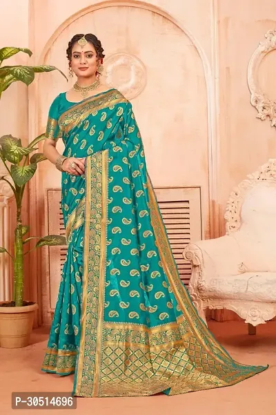 Stylish Teal Jacquard Saree With Blouse Piece For Women-thumb0