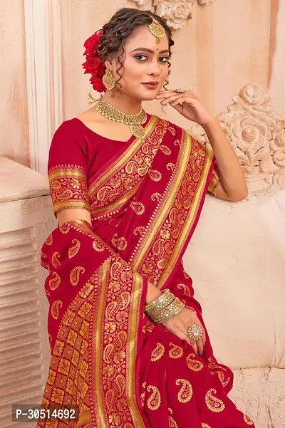 Stylish Red Jacquard Saree With Blouse Piece For Women-thumb3