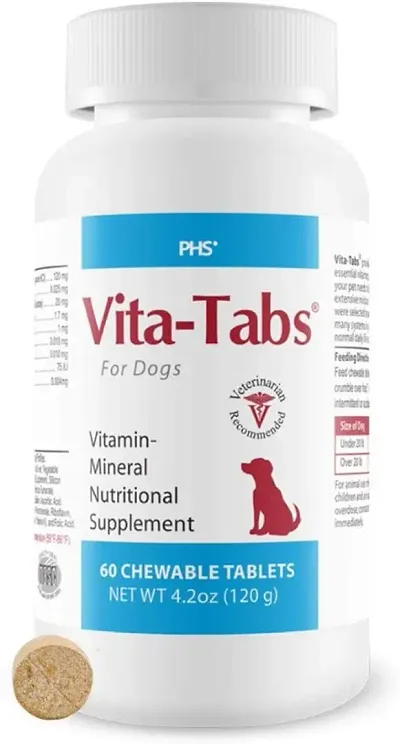 The Healthy Tails Vita-Tabs - Essential Vitamins, Minerals, Nutrients - Health Supplement for Dogs - Support Immune System, Bones - Liver Flavored - 60 Chewable Tablets