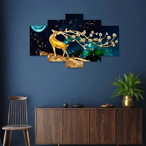 AlertEra Industries Wall Paintings | Wood Wall Art for Bedroom | Deer Printed Wall Sculpture | Painting for office | Painting for Hotels | 5 Piece Set | 17x30 | Blue