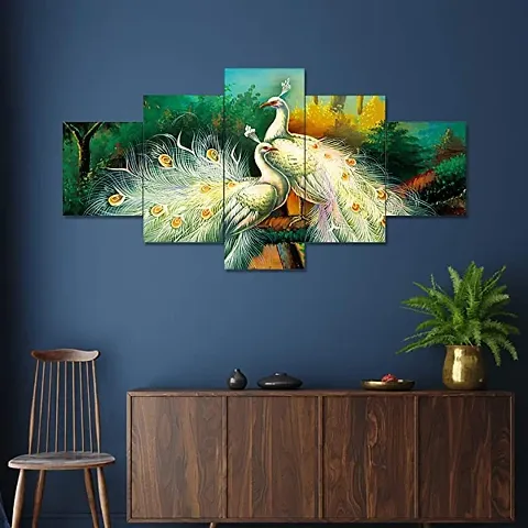 Nitshwet Set of 5 Modern Art Peacock Birds Nature Scenery 3D Framed Wall Painting For Home Decoration, (75 X 43 cm) Multicolour