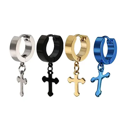 Charm Drop Jesuss Cross Long Chain earring Silver 2pcs Stainless Steel  Huggie Earring For Mens Boys