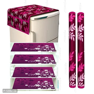 Brewel Swalloworld Combo of Kitchen Combo Fridge Top Cover, Fridge Handle Covers,4 Fridge Mats ,Set of 7 Pieces, (Purple-Leaf)