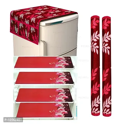 Brewel Swalloworld Combo of Kitchen Combo Fridge Top Cover, Fridge Handle Covers,4 Fridge Mats ,Set of 7 Pieces, (Red-Leaf)-thumb0