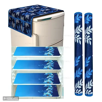 Swalloworld Combo of Kitchen Combo Fridge Top Cover, Fridge Handle Covers,4 Fridge Mats ,Set of 7 Pieces, (Blue-Leaf)