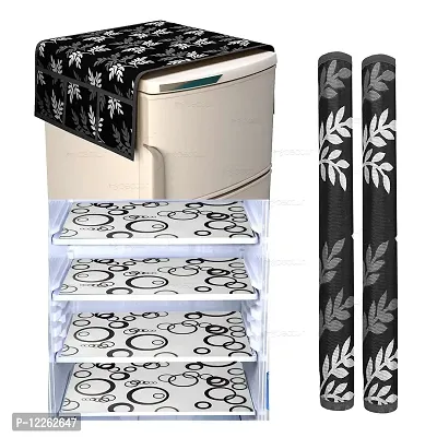 Brewel Swalloworld Combo of Kitchen Combo Fridge Top Cover, Fridge Handle Covers,4 Fridge Mats ,Set of 7 Pieces, (Black-Leaf)