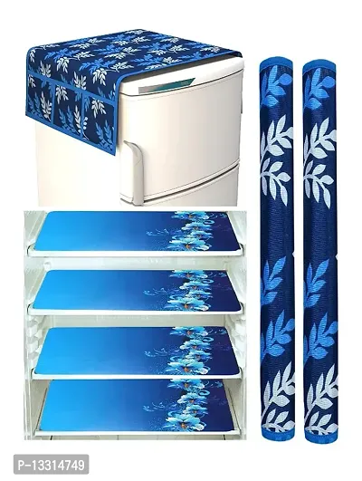 SwalloWorld Combo of Kitchen Combo Fridge Top Cover(21 X 39 Inches), Fridge Handle Covers (12 X 6 Inches)+ 4 Fridge Mats (11 X 17 Inches), 7 Piece Set (Blue Leaf)-thumb0