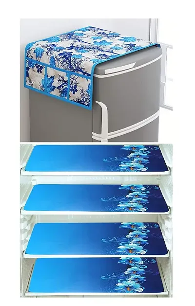 1 Pc Fridge Cover For Top With 6 Pockets + 1 Handle Cover + 3 Fridge Mats( Fridge Cover Combo Set Of 5 Pcs)