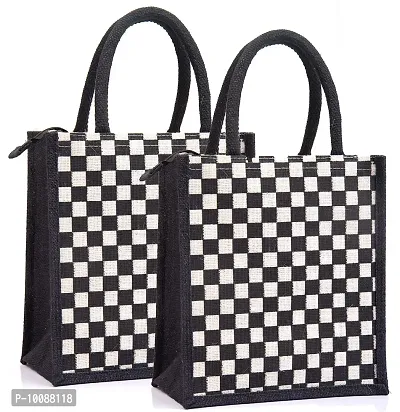 H&B Jute Lunch Bag – Jute Bag for Lunch, Bags for Men, Bags for Girls, Travel Bag, Bag for Women, Jute Handbags for Girls – Zip, Bottle Holder – Check Design (2 White)