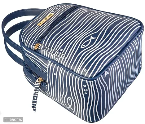 SACCI MUCCI Multipurpose Lunch Bag with Adjustable Strap a Perfect Office Bag for Women - Simple Fishes and Waves (Navy Blue)-thumb3