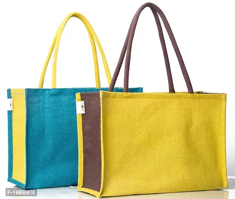 H&B Jute Reusable Shoppers Bags (Set of 2) (Multicolored_HnB-JT003005YLBRN-COMBO1)