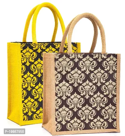 H&B Jute bag for lunch box ? Jute handbag, jute tote, jute lunch bags for office, tiffin bags for office, Printed jute bag ? ZIP, BOTTLE HOLDER ? Damask Design (Yellow & Brown)-thumb0