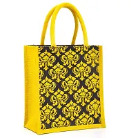 H&B Jute bag for lunch box ? Jute handbag, jute tote, jute lunch bags for office, tiffin bags for office, Printed jute bag ? ZIP, BOTTLE HOLDER ? Damask Design (Yellow & Brown)-thumb1