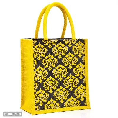 H&B Jute bag for lunch box ? Jute handbag, jute tote, jute lunch bags for office, tiffin bags for office, Printed jute bag ? ZIP, BOTTLE HOLDER ? Damask Design (Yellow & Brown)-thumb2